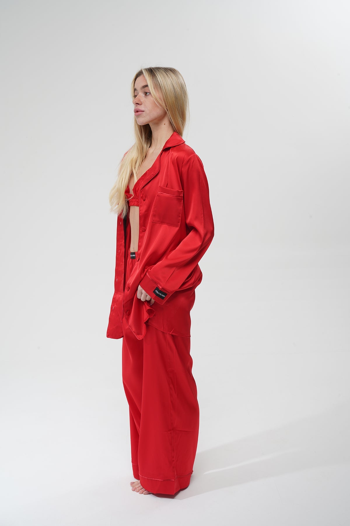 Kırmızı Saten Üçlü Pijama Takım | COCOLARSİ - Modaludo