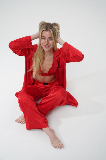 Kırmızı Saten Üçlü Pijama Takım | COCOLARSİ - Modaludo