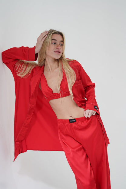 Kırmızı Saten Üçlü Pijama Takım | COCOLARSİ - Modaludo