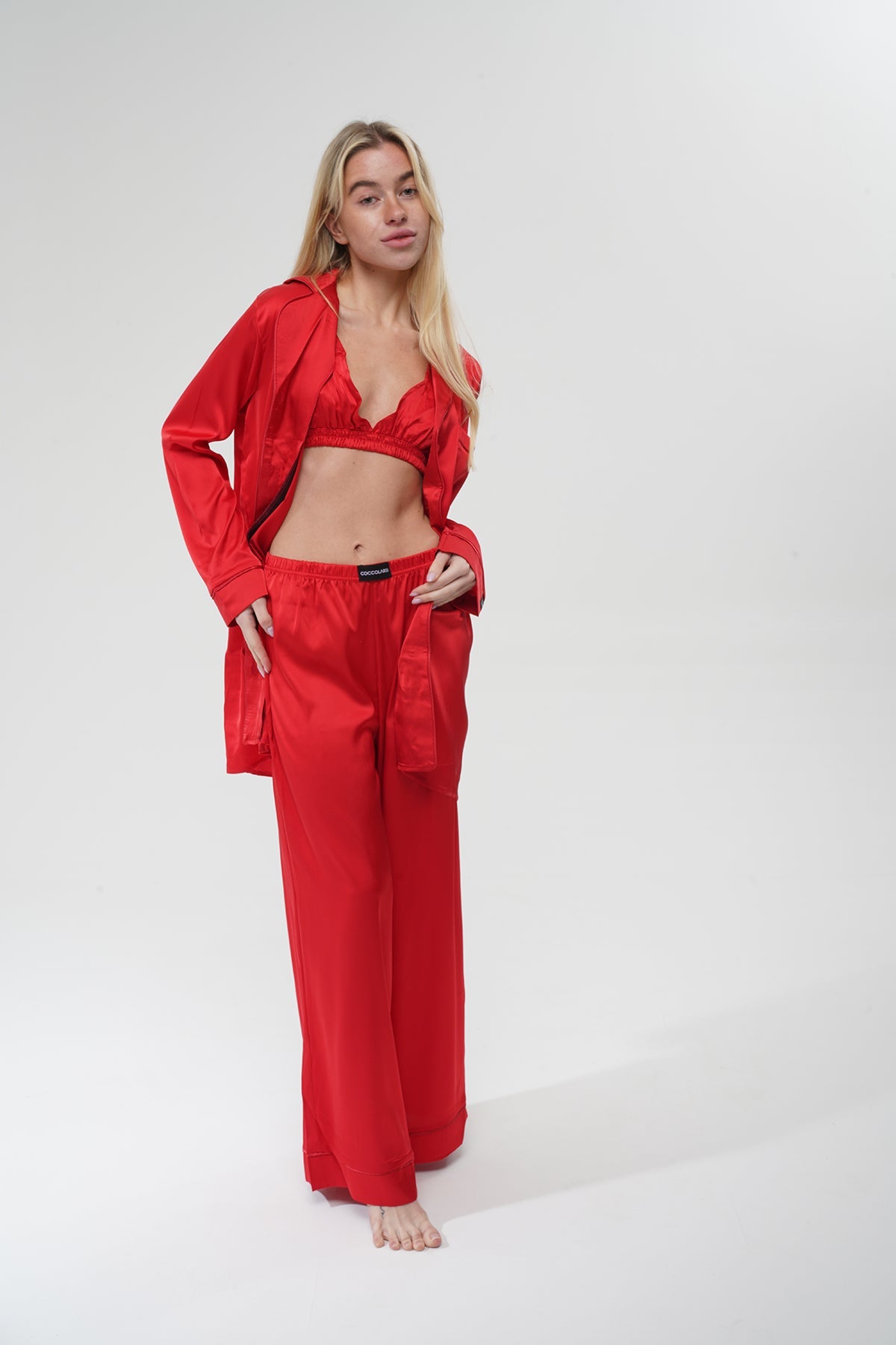 Kırmızı Saten Üçlü Pijama Takım | COCOLARSİ - Modaludo