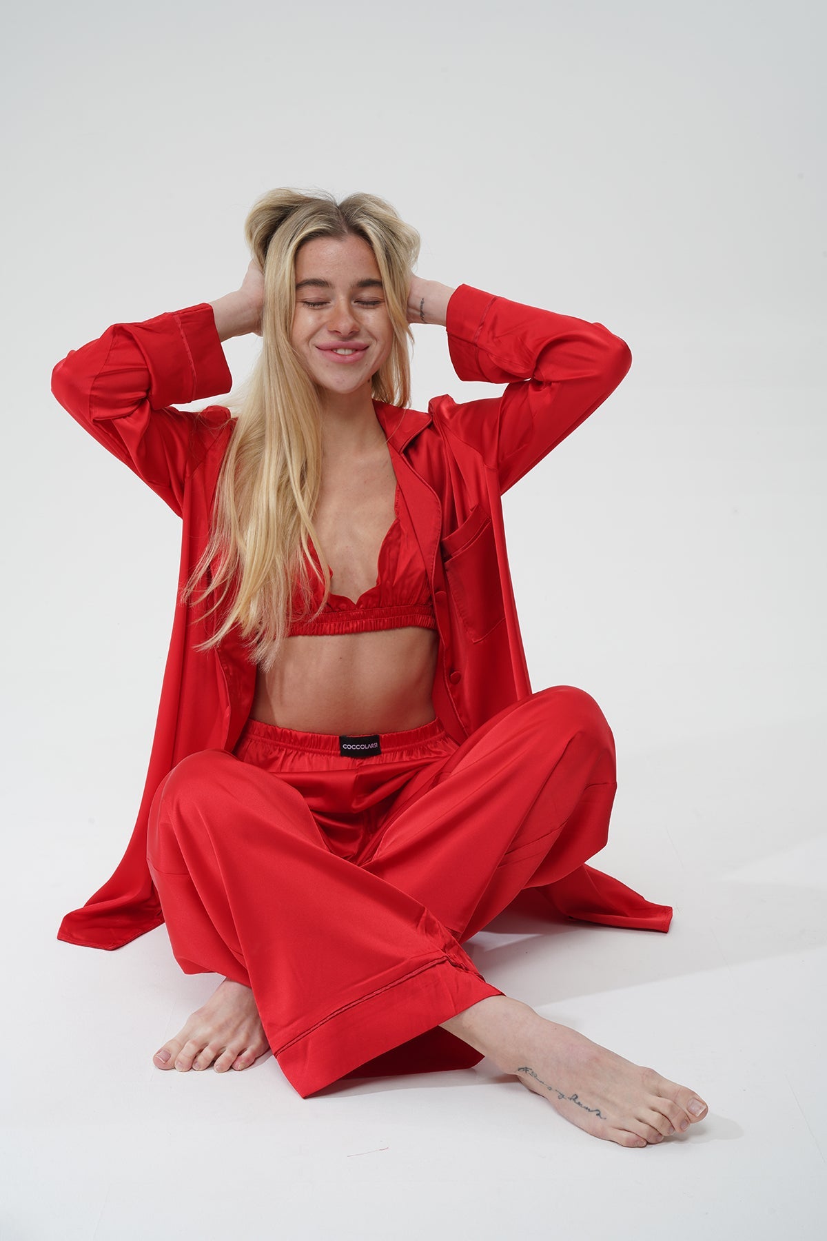 Kırmızı Saten Üçlü Pijama Takım | COCOLARSİ - Modaludo