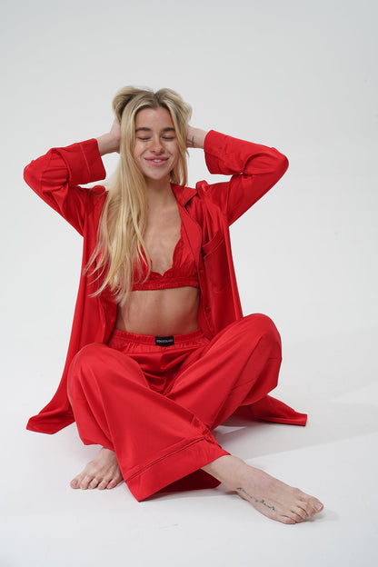 Kırmızı Saten Üçlü Pijama Takım | COCOLARSİ - Modaludo