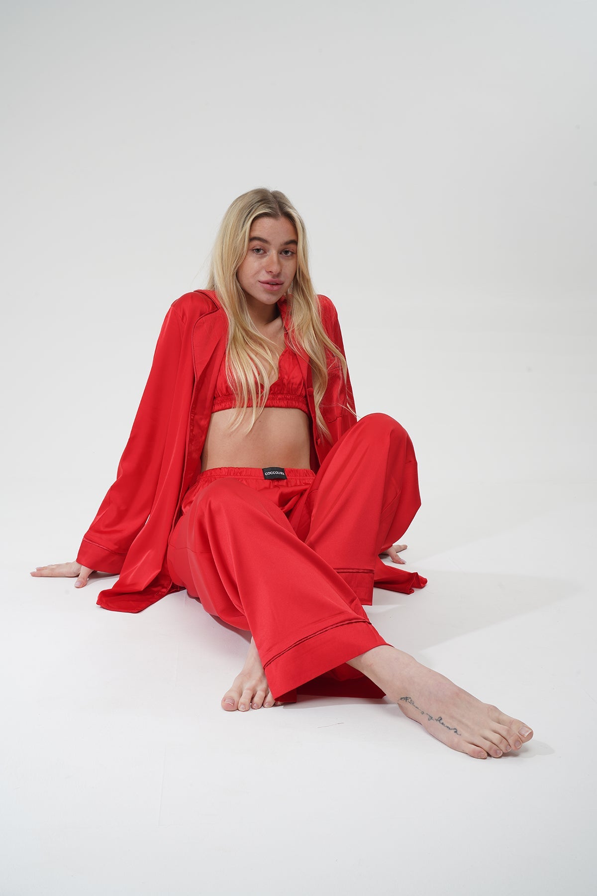 Kırmızı Saten Üçlü Pijama Takım | COCOLARSİ - Modaludo