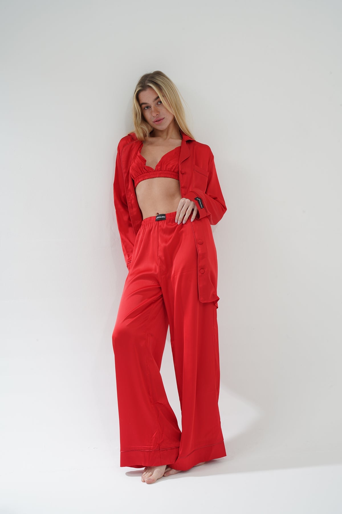 Kırmızı Saten Üçlü Pijama Takım | COCOLARSİ - Modaludo