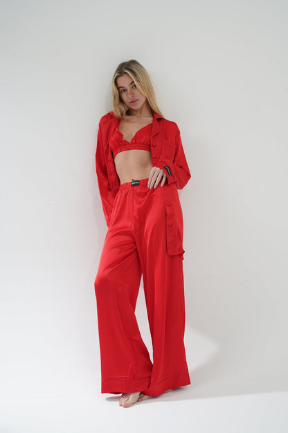 Kırmızı Saten Üçlü Pijama Takım | COCOLARSİ - Modaludo