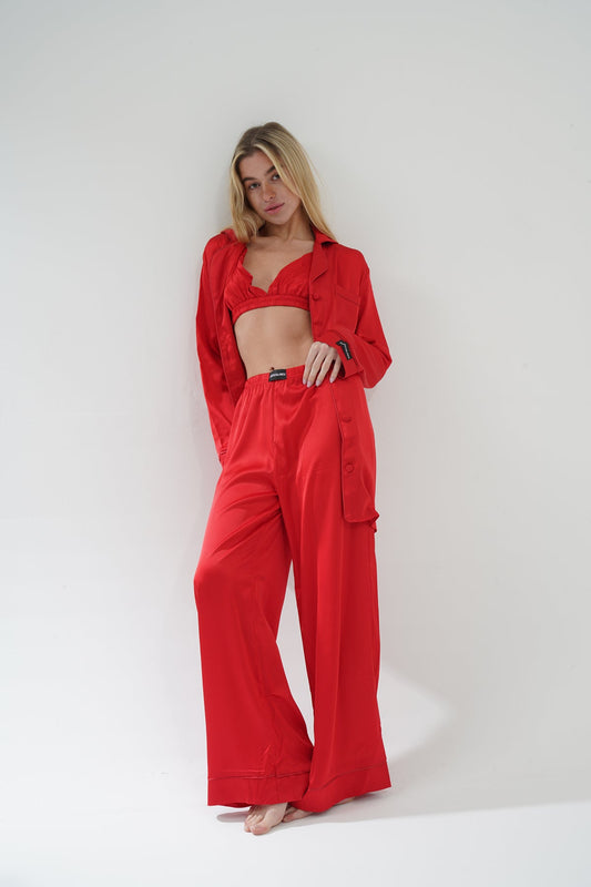 Kırmızı Saten Üçlü Pijama Takım | COCOLARSİ - Modaludo