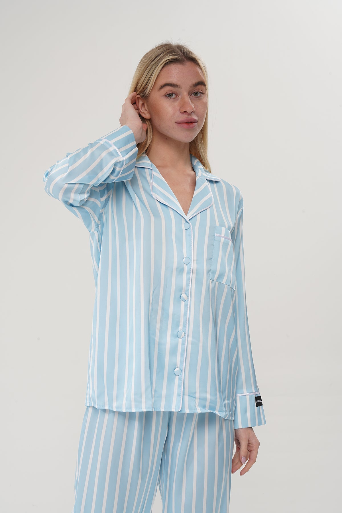 Mavi Çizgili Saten Pijama Takımı| COCOLARSİ - Modaludo