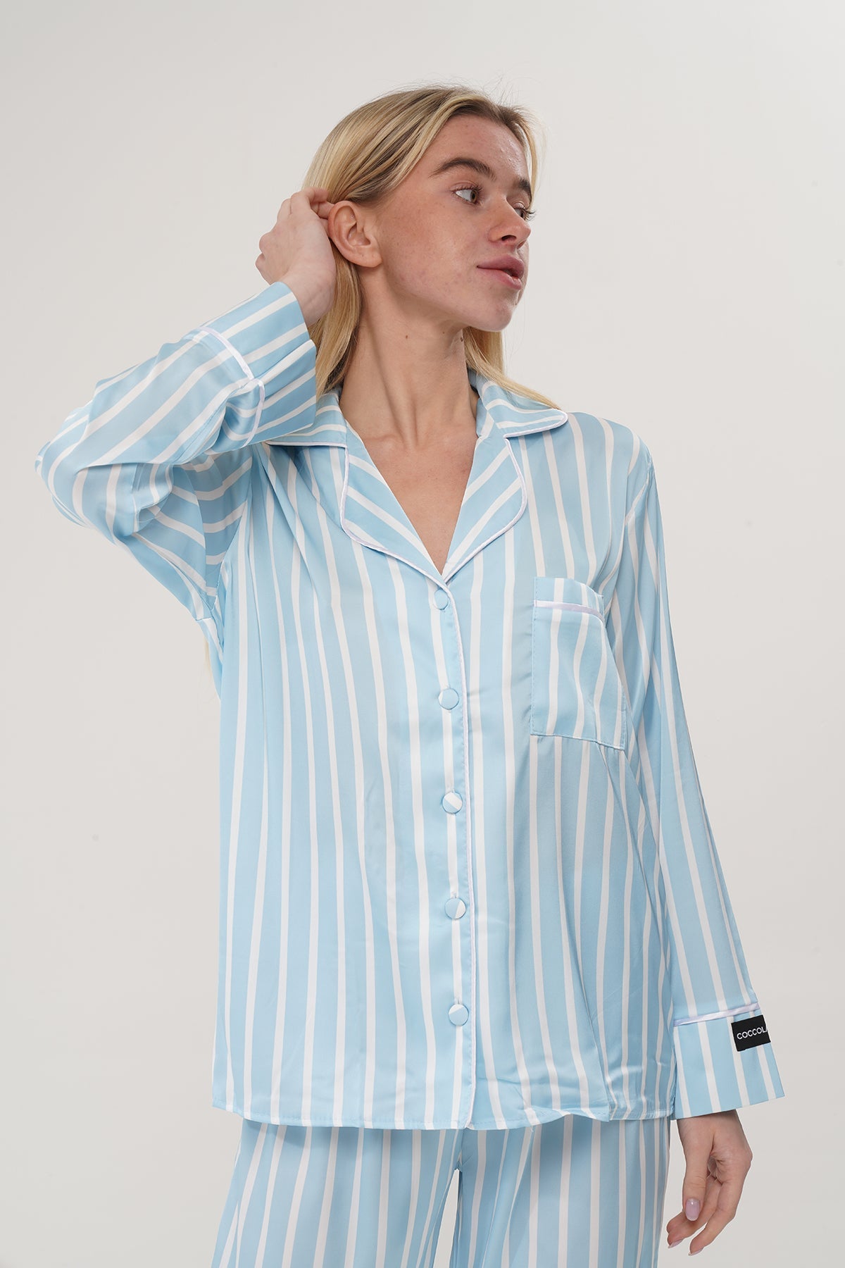 Mavi Çizgili Saten Pijama Takımı| COCOLARSİ - Modaludo