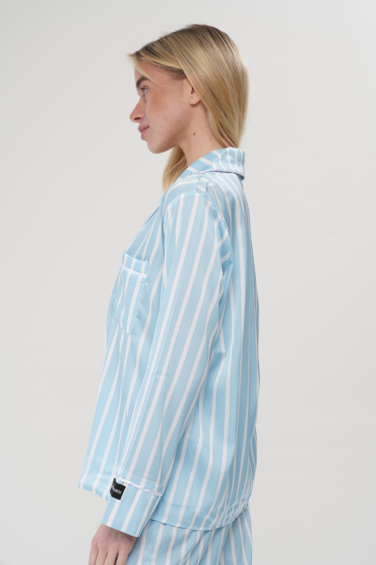 Mavi Çizgili Saten Pijama Takımı| COCOLARSİ - Modaludo