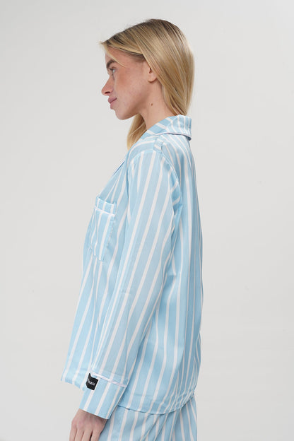 Mavi Çizgili Saten Pijama Takımı| COCOLARSİ - Modaludo