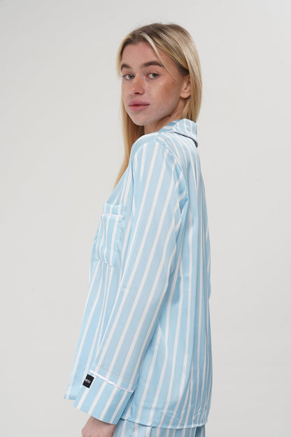 Mavi Çizgili Saten Pijama Takımı| COCOLARSİ - Modaludo