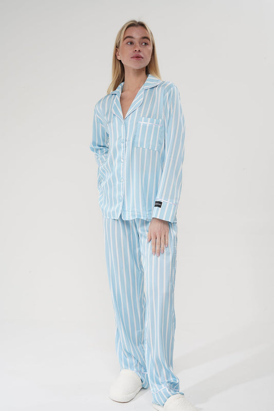 Mavi Çizgili Saten Pijama Takımı| COCOLARSİ - Modaludo
