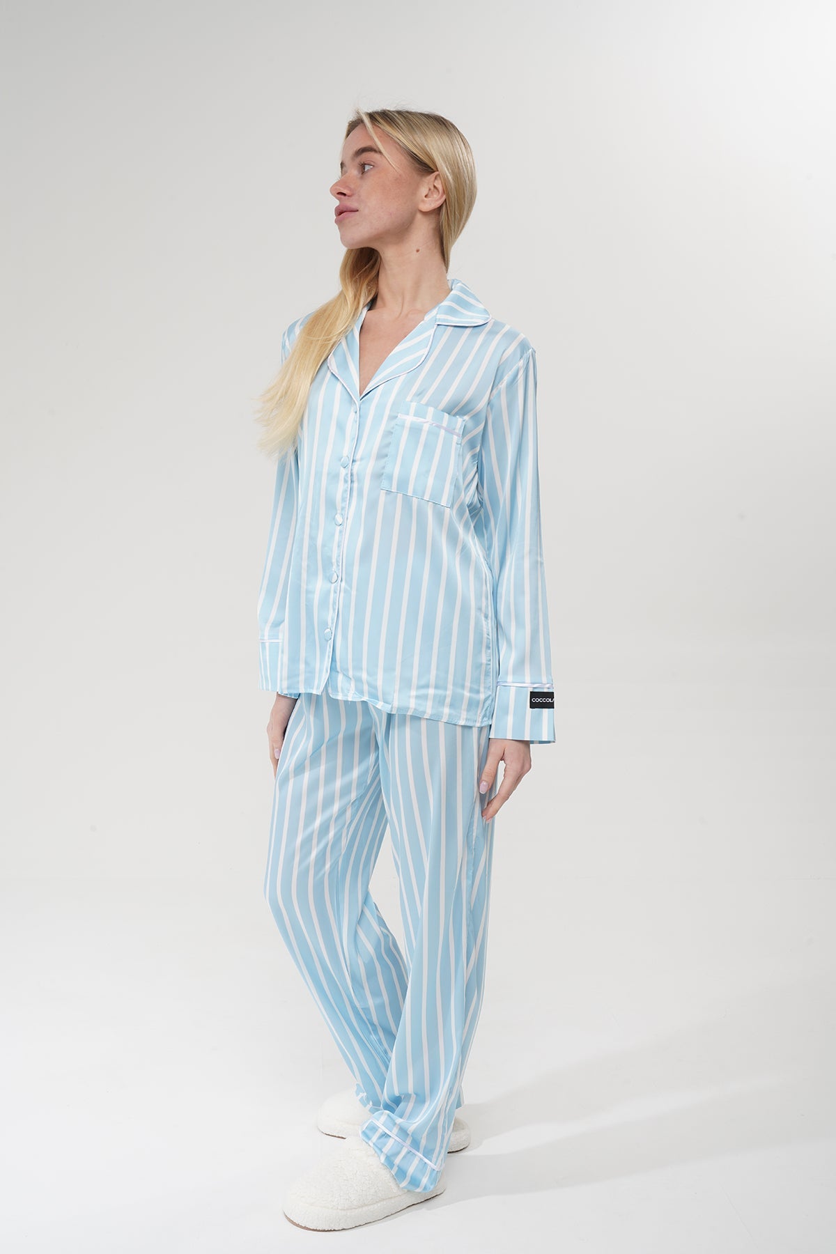 Mavi Çizgili Saten Pijama Takımı| COCOLARSİ - Modaludo