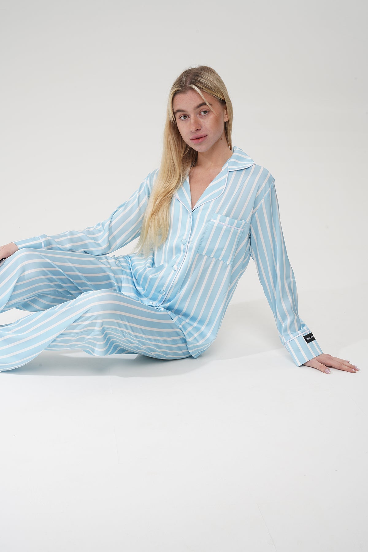 Mavi Çizgili Saten Pijama Takımı| COCOLARSİ - Modaludo