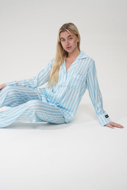 Mavi Çizgili Saten Pijama Takımı| COCOLARSİ - Modaludo