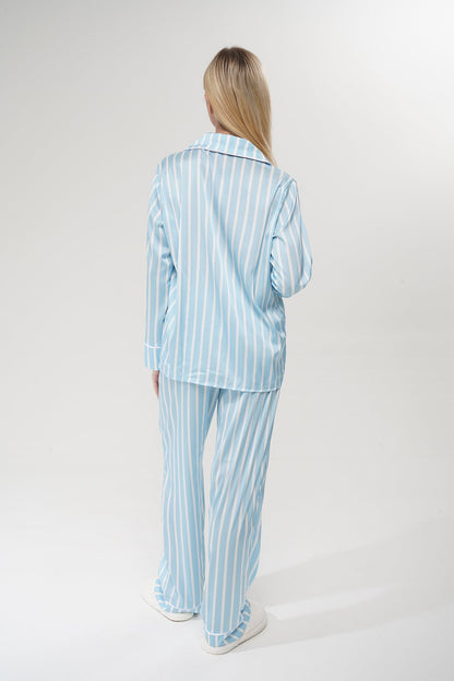 Mavi Çizgili Saten Pijama Takımı| COCOLARSİ - Modaludo
