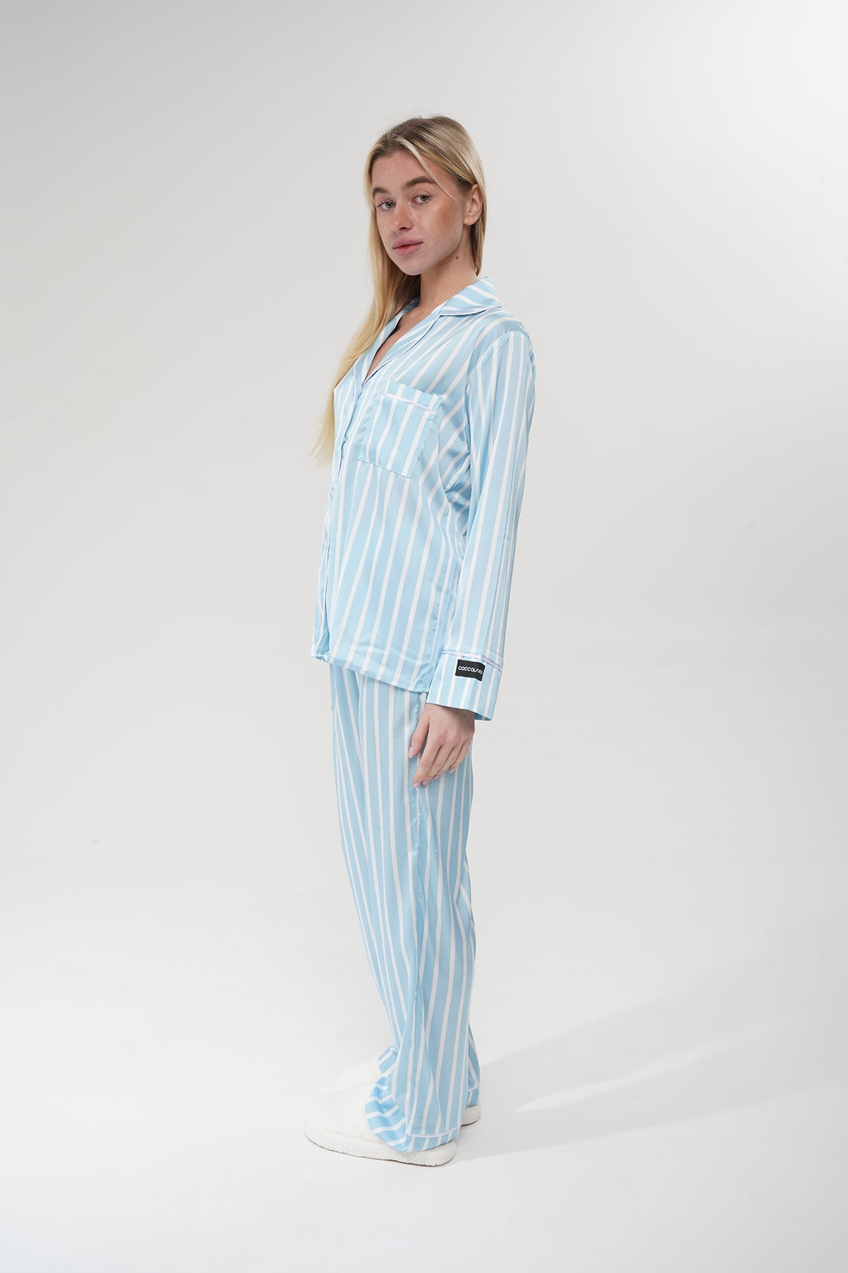 Mavi Çizgili Saten Pijama Takımı| COCOLARSİ - Modaludo