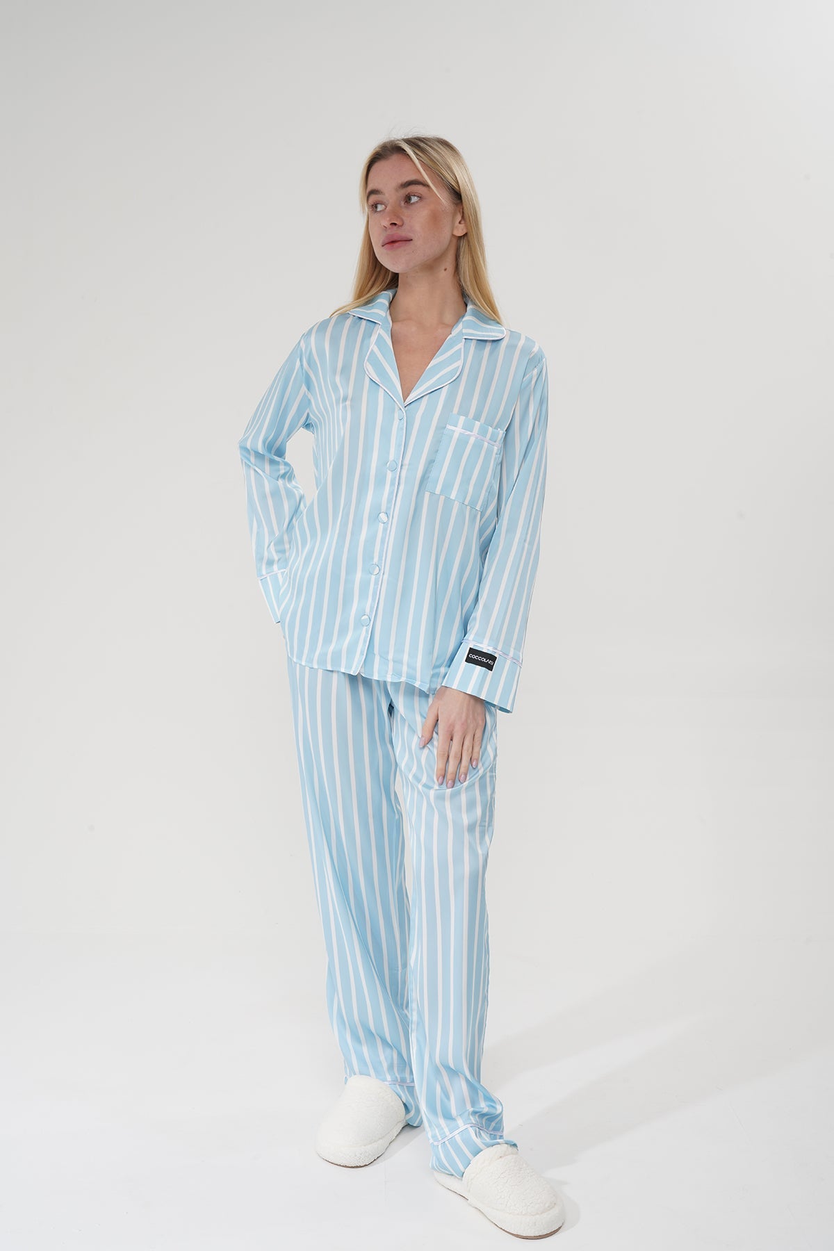 Mavi Çizgili Saten Pijama Takımı| COCOLARSİ - Modaludo