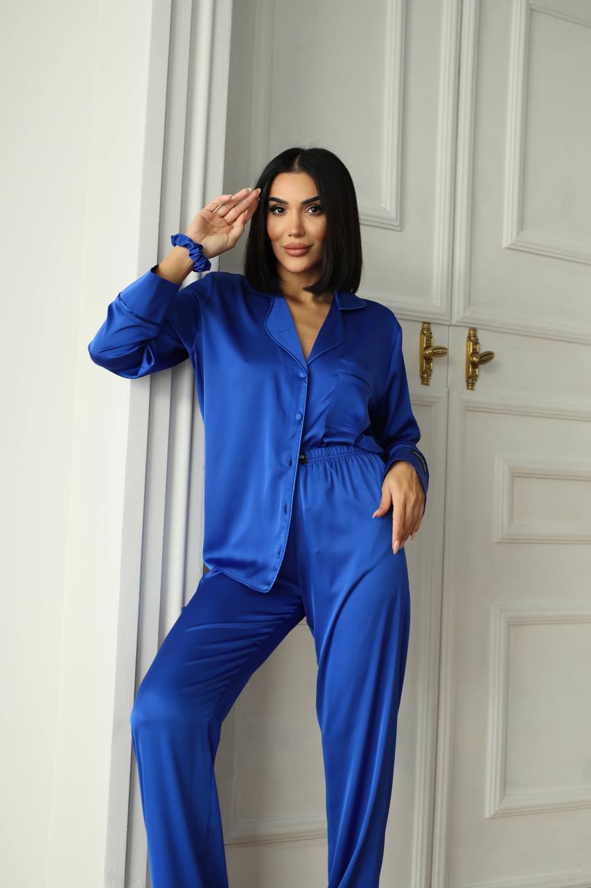 Mavi İpek Saten Pijama Takımı - Modaludo