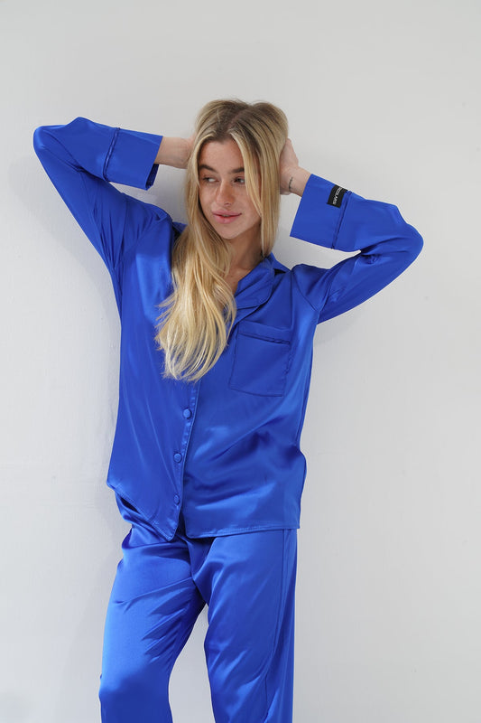 Mavi İpek Saten Pijama Takımı | COCOLARSİ - Modaludo