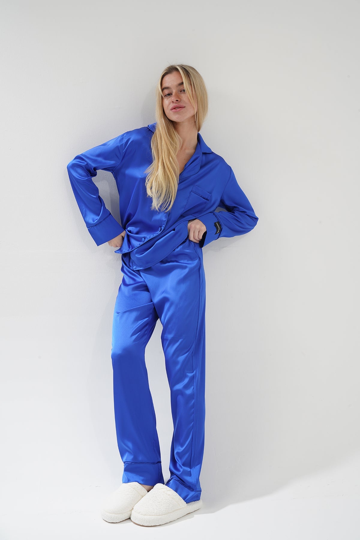 Mavi İpek Saten Pijama Takımı | COCOLARSİ - Modaludo