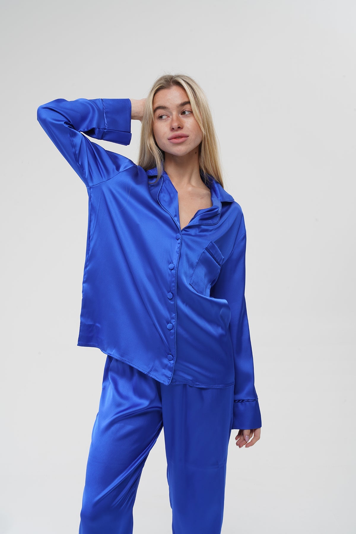 Mavi İpek Saten Pijama Takımı | COCOLARSİ - Modaludo