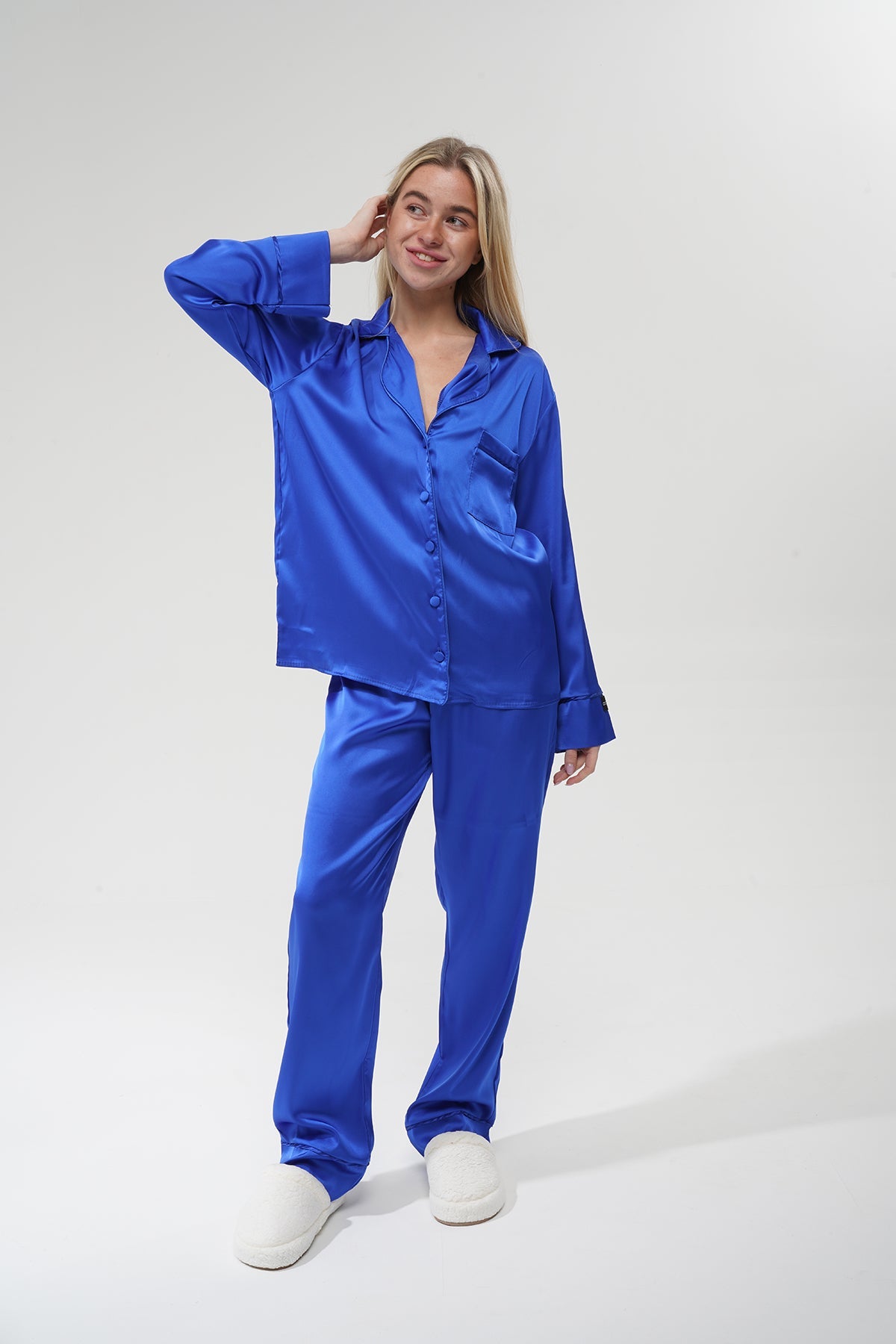 Mavi İpek Saten Pijama Takımı | COCOLARSİ - Modaludo