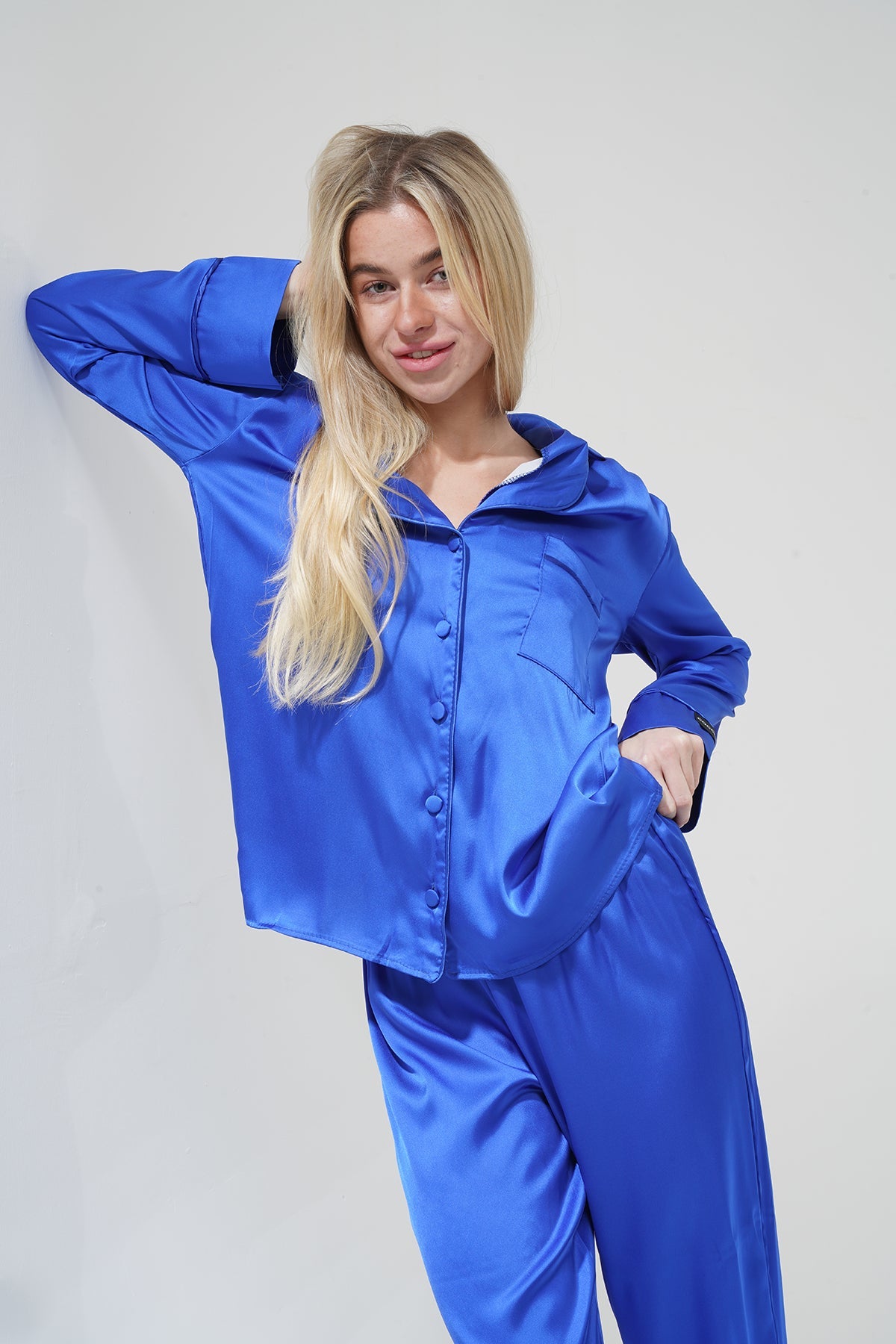 Mavi İpek Saten Pijama Takımı | COCOLARSİ - Modaludo