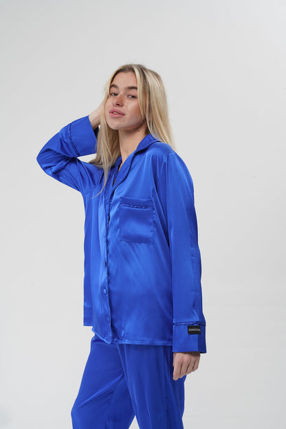 Mavi İpek Saten Pijama Takımı | COCOLARSİ - Modaludo