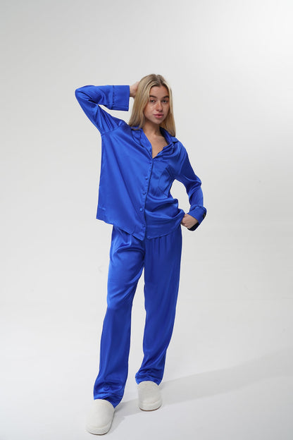 Mavi İpek Saten Pijama Takımı | COCOLARSİ - Modaludo