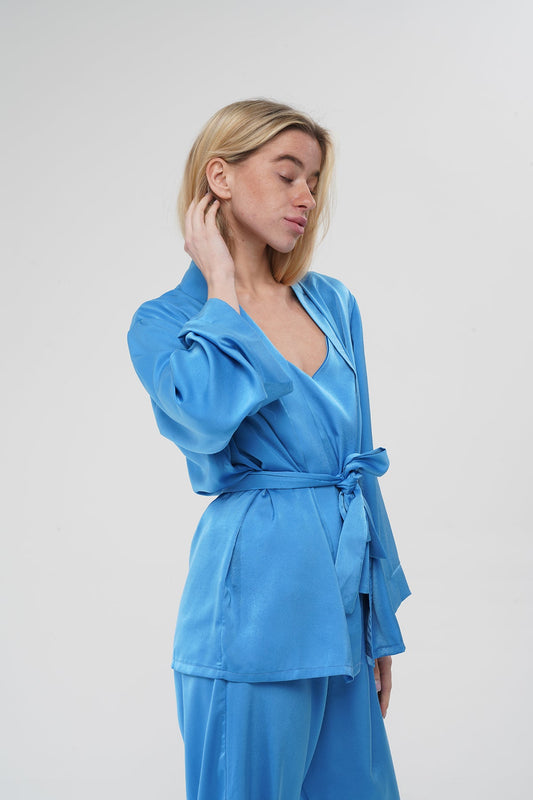 Özel Tasarım Mavi Saten Kimonolu Pijama Takımı | MODALUDO - Modaludo