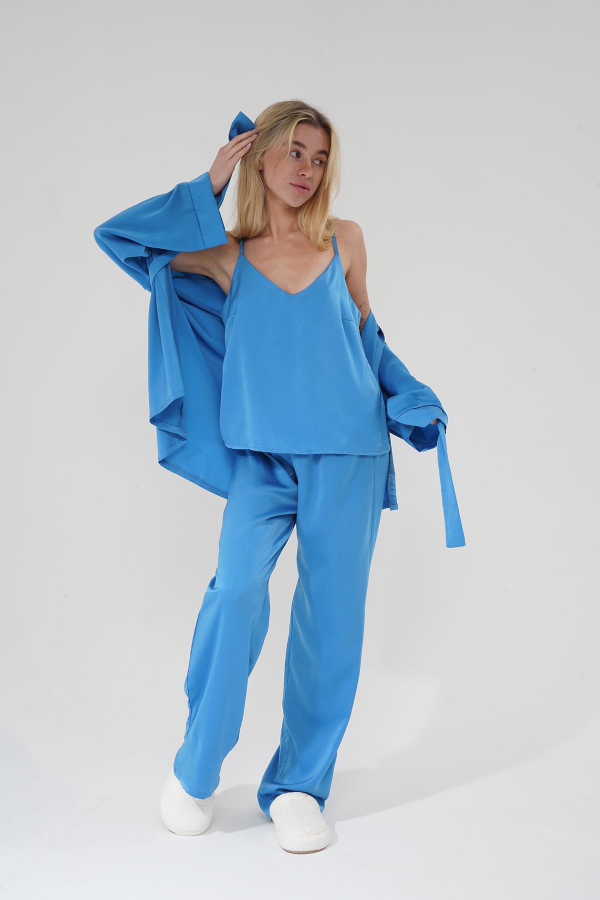 Mavi Viskon Üçlü Pijama Takımı | MODALUDO - Modaludo