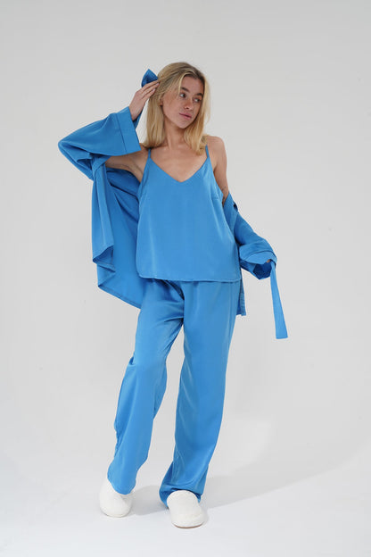 Mavi Viskon Üçlü Pijama Takımı | MODALUDO - Modaludo