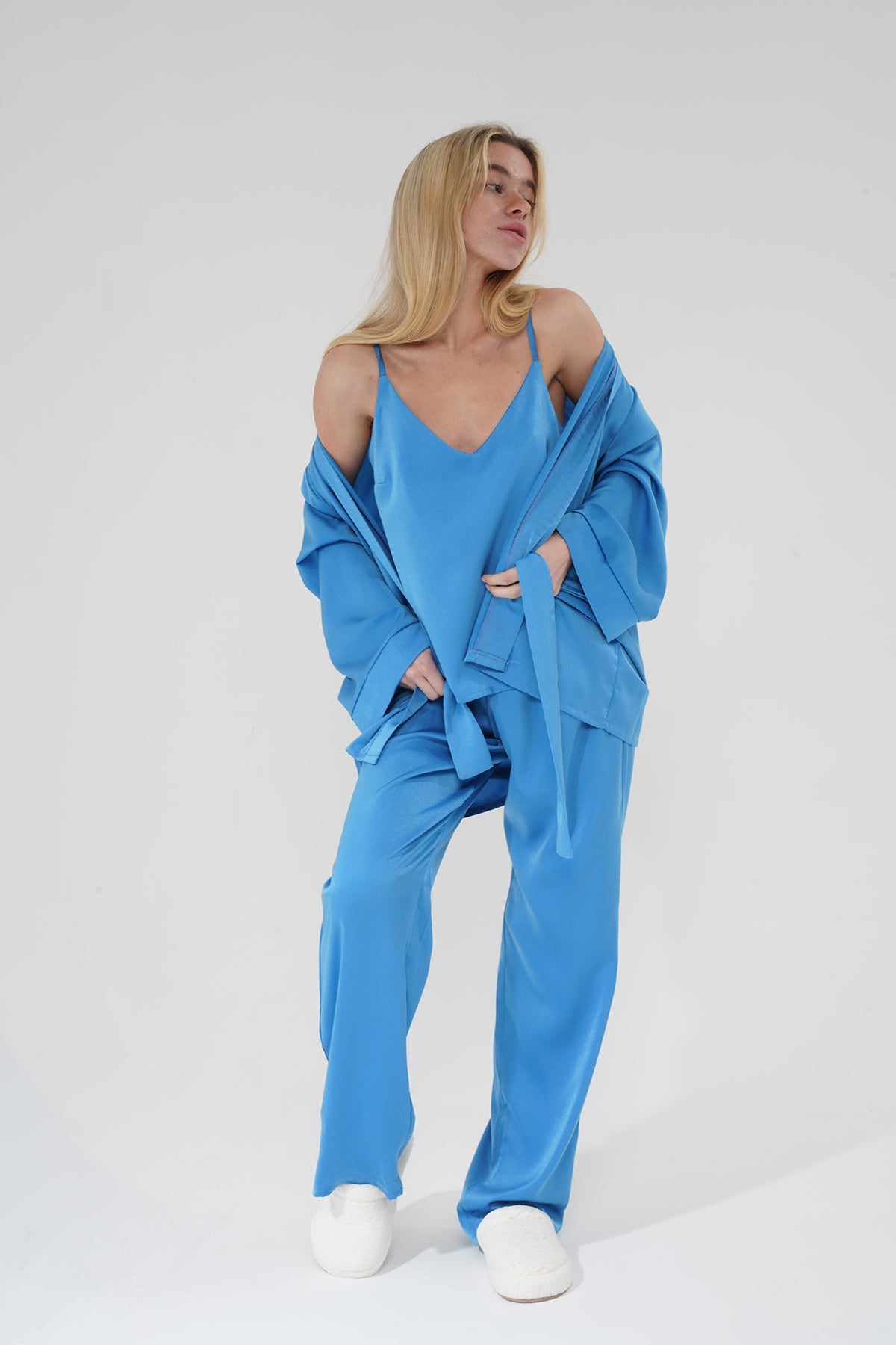 Mavi Viskon Üçlü Pijama Takımı | MODALUDO - Modaludo