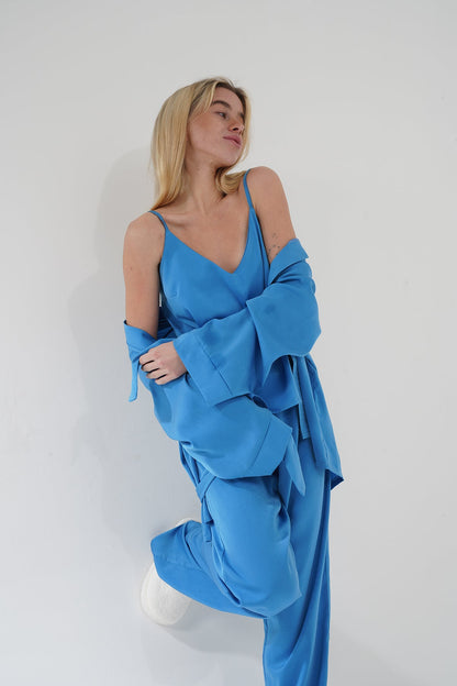 Mavi Viskon Üçlü Pijama Takımı | MODALUDO - Modaludo