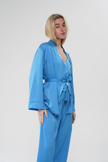 Mavi Viskon Üçlü Pijama Takımı | MODALUDO - Modaludo