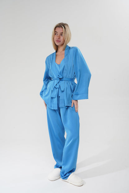 Mavi Viskon Üçlü Pijama Takımı | MODALUDO - Modaludo