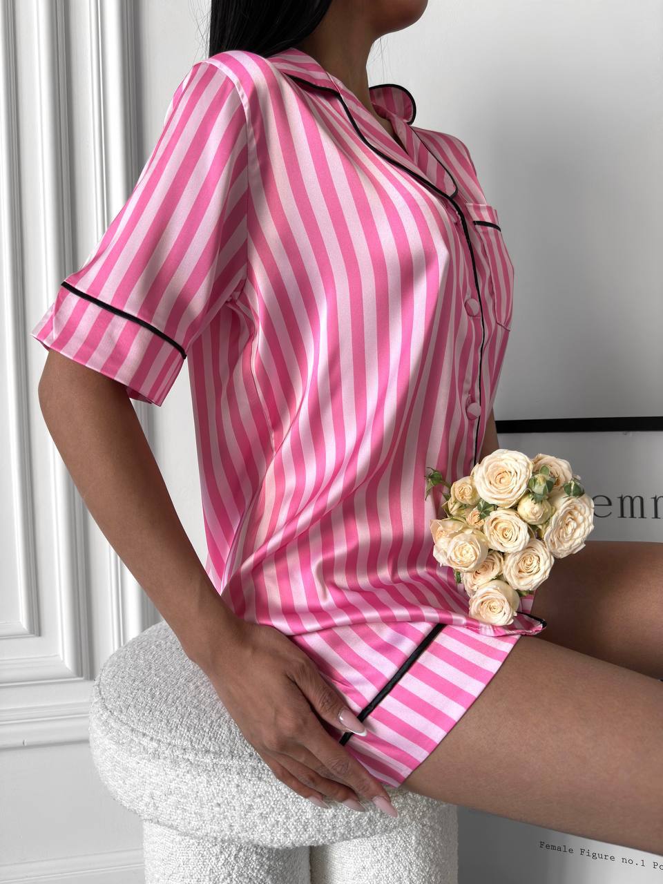 Pembe Beyaz Çizgili Saten Pijama Takımı - Victoria's Secret - Modaludo
