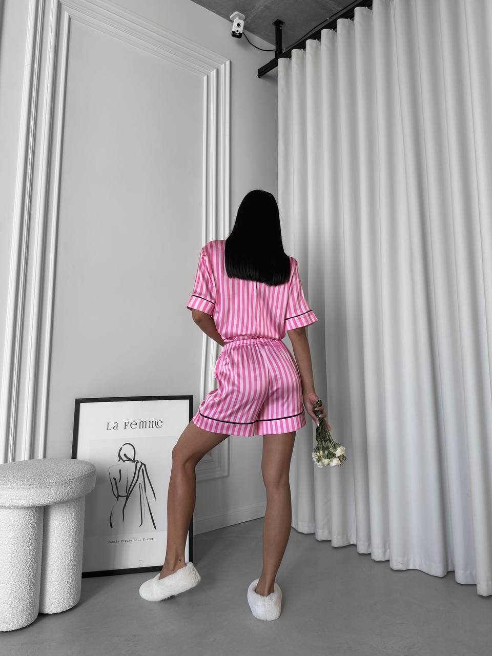 Pembe Beyaz Çizgili Saten Pijama Takımı - Victoria's Secret - Modaludo