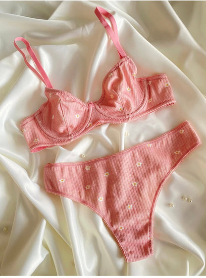 Pembe Çiçek Desenli Ribana Takım - Modaludo