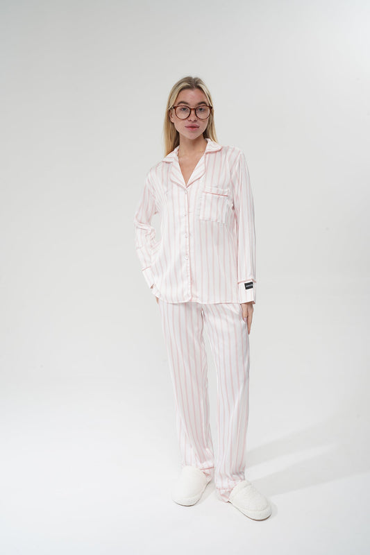Pembe Çizgili Beyaz Saten Pijama Takımı | COCOLARSİ - Modaludo