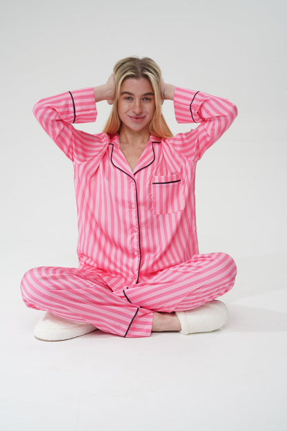 Pembe Çizgili İpek Saten Pijama Takımı| COCOLARSİ - Modaludo