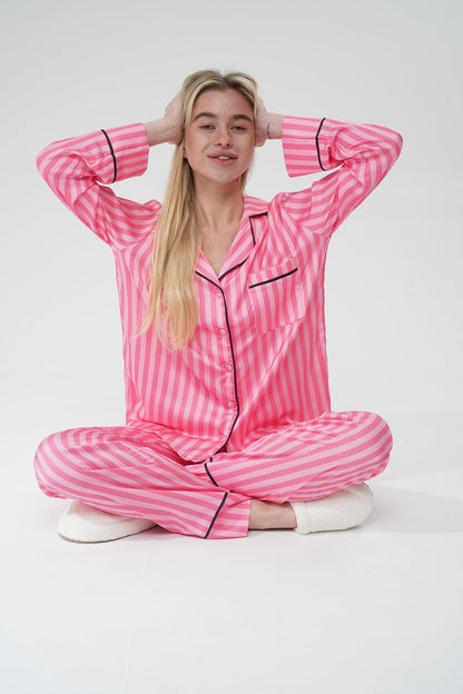 Pembe Çizgili İpek Saten Pijama Takımı| COCOLARSİ - Modaludo