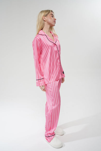 Pembe Çizgili İpek Saten Pijama Takımı| COCOLARSİ - Modaludo