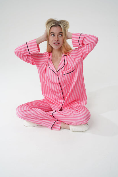 Pembe Çizgili İpek Saten Pijama Takımı| COCOLARSİ - Modaludo