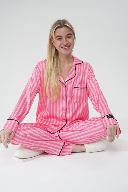 Pembe Çizgili İpek Saten Pijama Takımı| COCOLARSİ - Modaludo