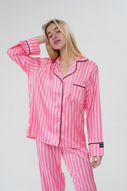 Pembe Çizgili İpek Saten Pijama Takımı| COCOLARSİ - Modaludo