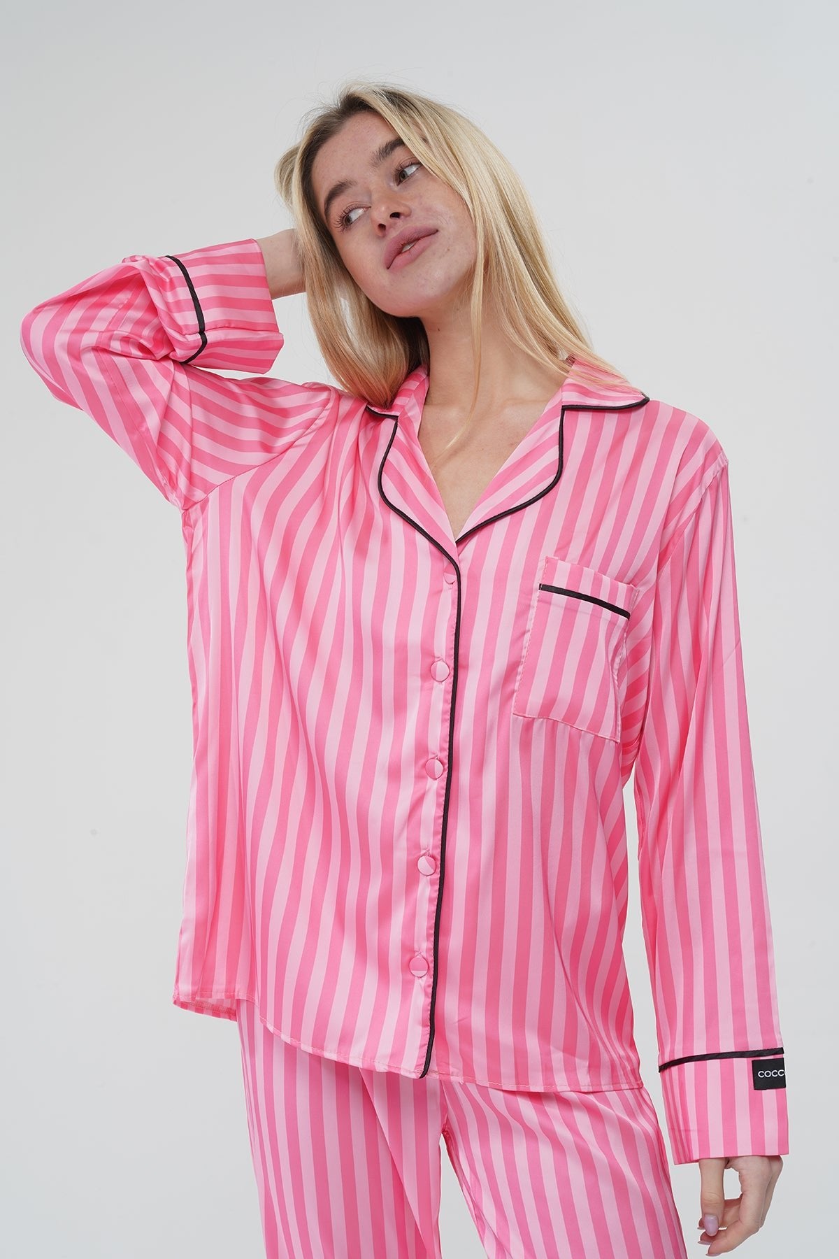 Pembe Çizgili İpek Saten Pijama Takımı| COCOLARSİ - Modaludo