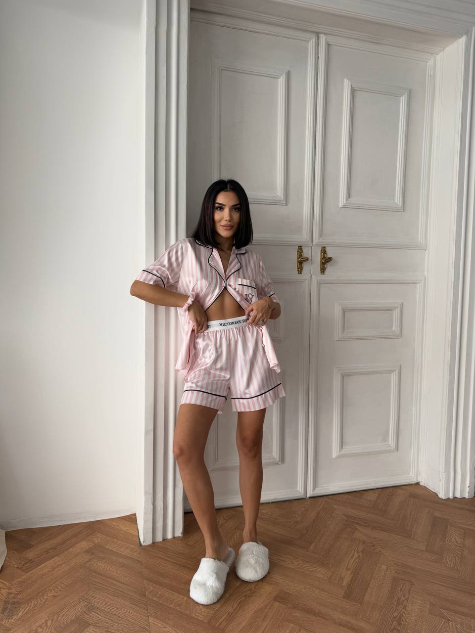Pembe Çizgili Saten Şortlu Kadın Pijama Takımı - Victoria's Secret - Modaludo