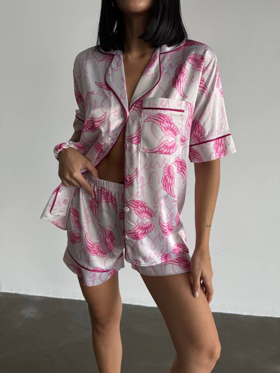 Pembe Kanat Desenli Saten Pijama Takımı - Victoria's Secret - Modaludo